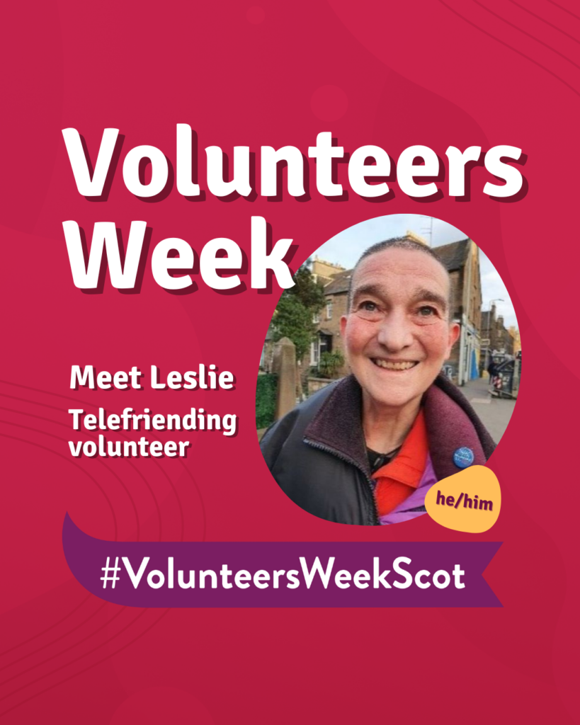 A portrait of Leslie who volunteers on our Telefriending service