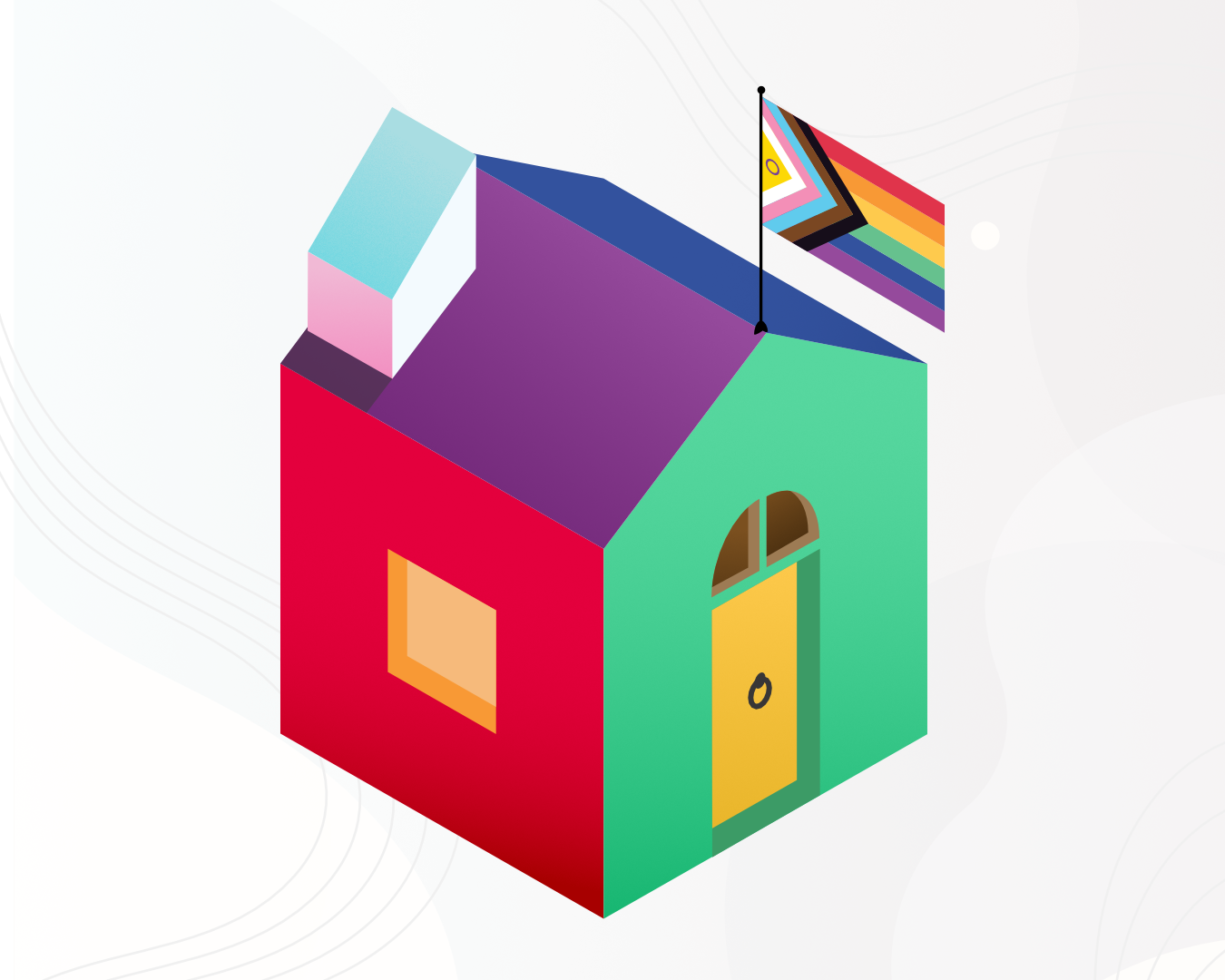 Illustration of a house with walls in different colours of the rainbow, with the Pride progress flag on its roof
