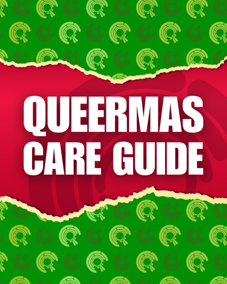 Christmas green and red background with text 'Queermas Care Guide'