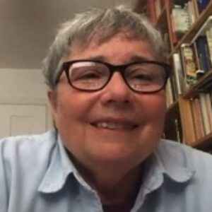 Ellen Galford at Meet The Authors, a partnership event between Lavender Menace and LGBT Health and Wellbeing (June 2021)