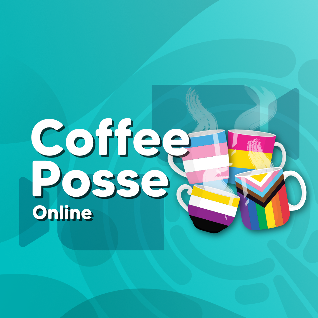4 mugs and cups in different LGBT flags on a background of webcams with text 'Coffee Posse Online'