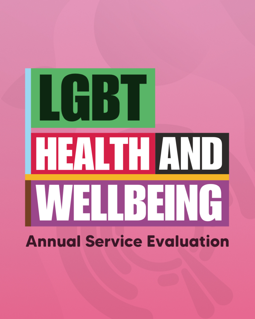 LGBT Health and Wellbeing logo on a pink gradient background, featuring bold text in green, red, white, and black reading 'LGBT Health and Wellbeing' with 'Annual Service Evaluation' written below in black font.