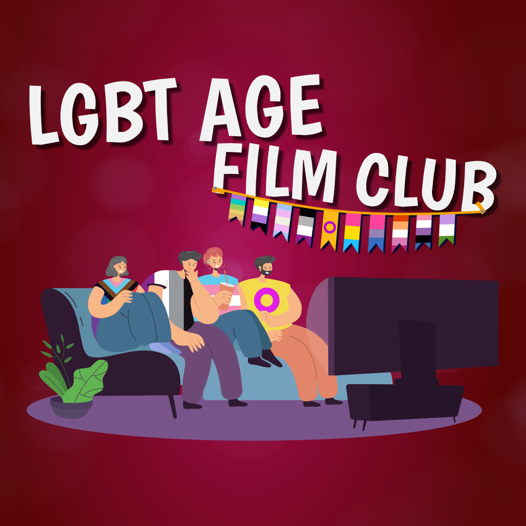 A group of older people sitting on a sofa and watchin a movie on TV