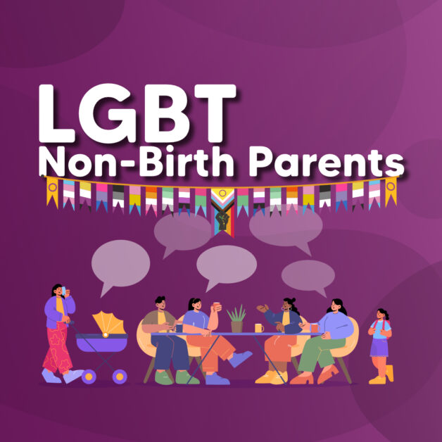 A group of non-birth parents chatting with LGBT flags bunting