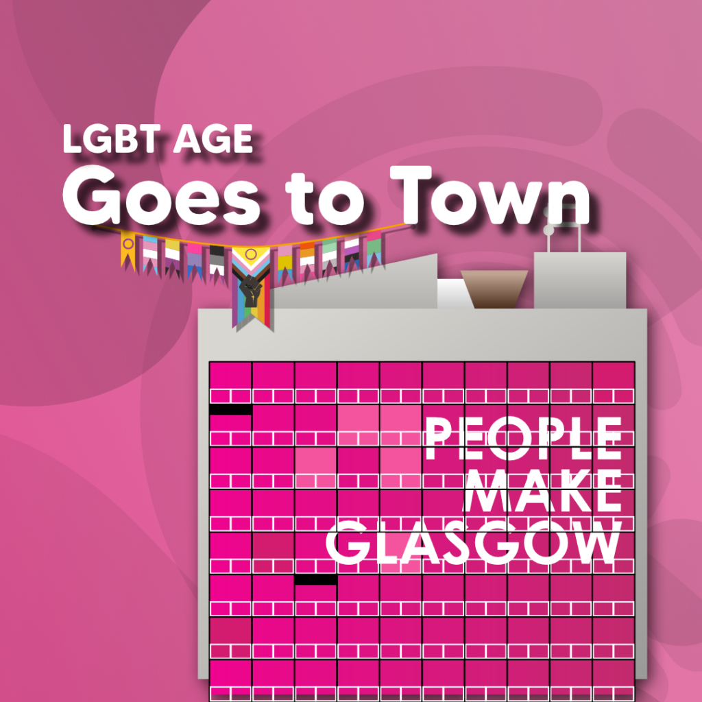 A building with local message 'People Make Glasgow' and pride flags bunting