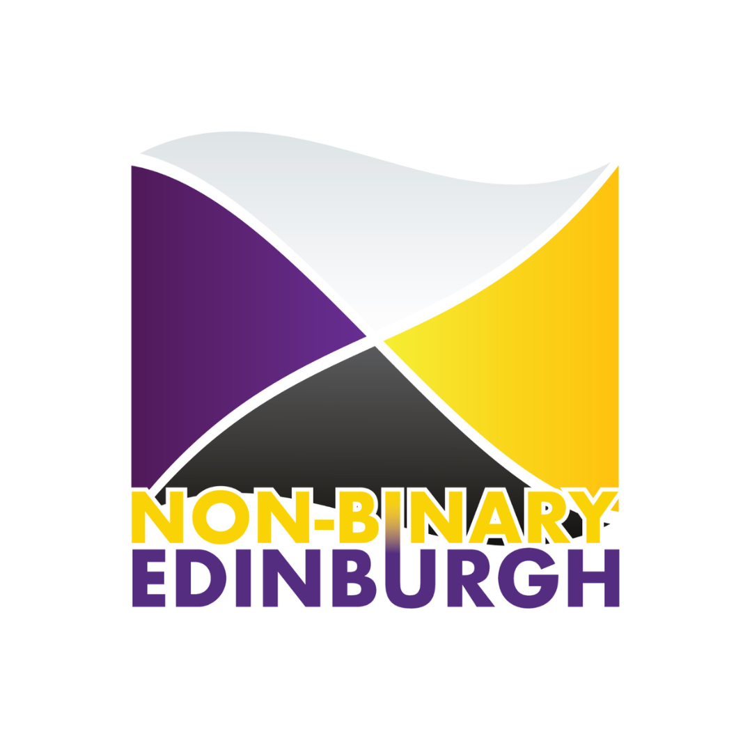 The non-binary flag in purple, black, yellow and white colours with text 'Non-Binary Edinburgh'