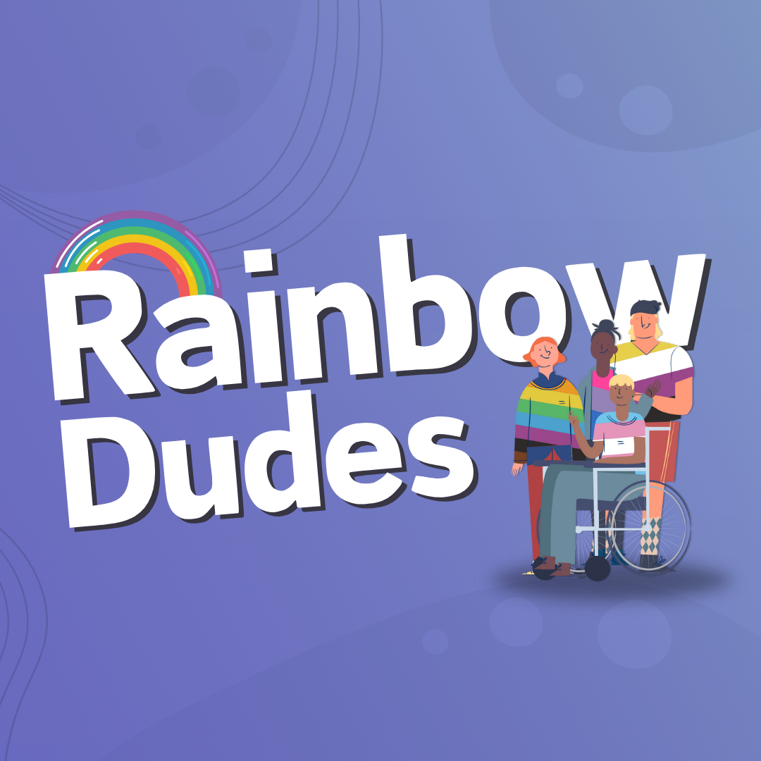 A group of diverse men and gender non-comforming people under a rainbow