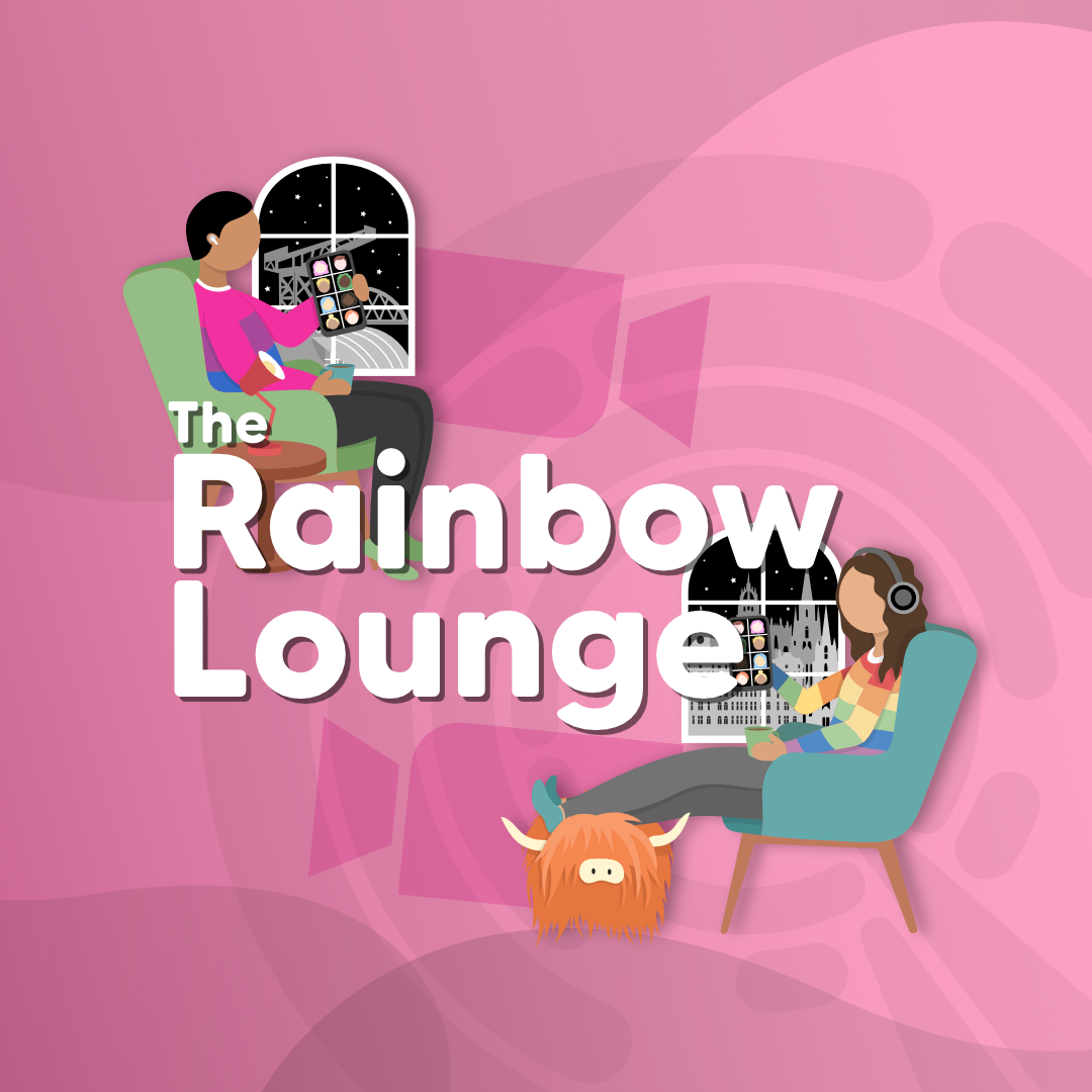 Two people sitting on chairs in their homes using mobile devices with text 'The Rainbow Lounge'