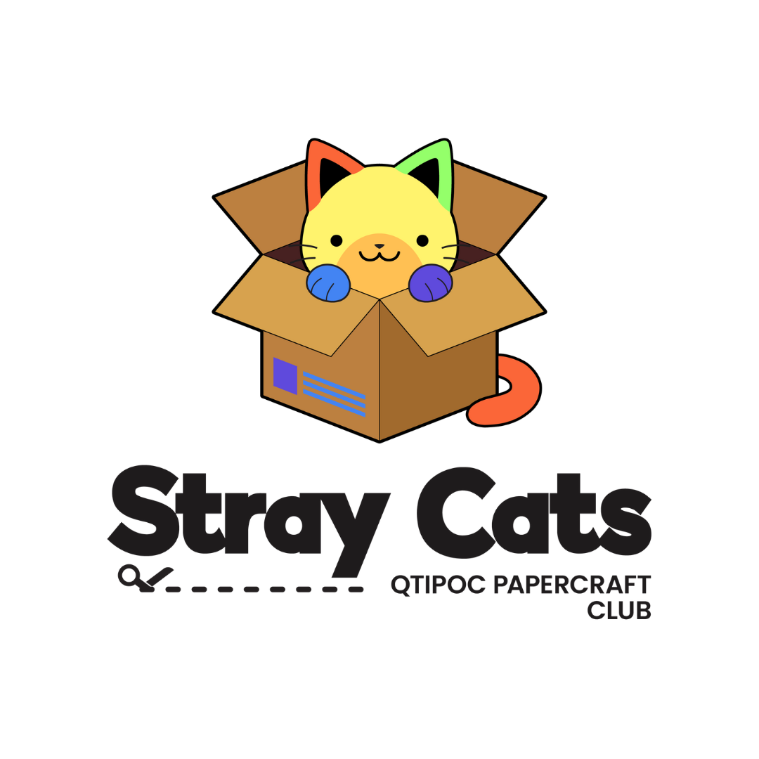 A colourful cat peaking out of a cardboard box