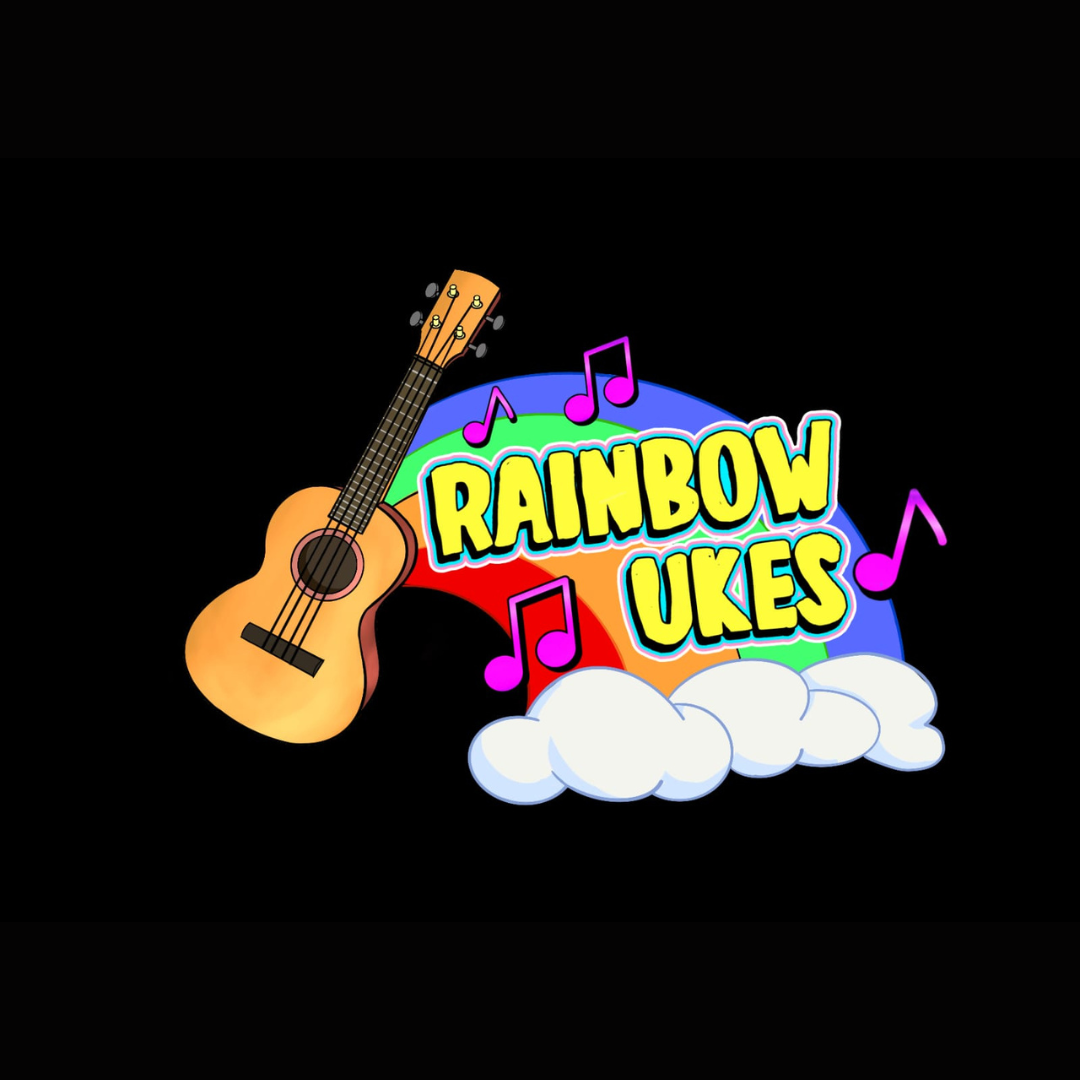 A ukulele with a rainbow coming out of it and text 'Rainbow Ukes'