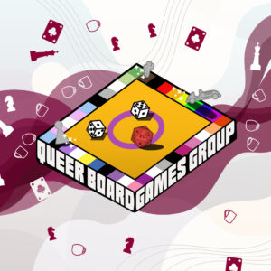 A board of games in colours of different LGBT identities flags with flying dice and pawns.