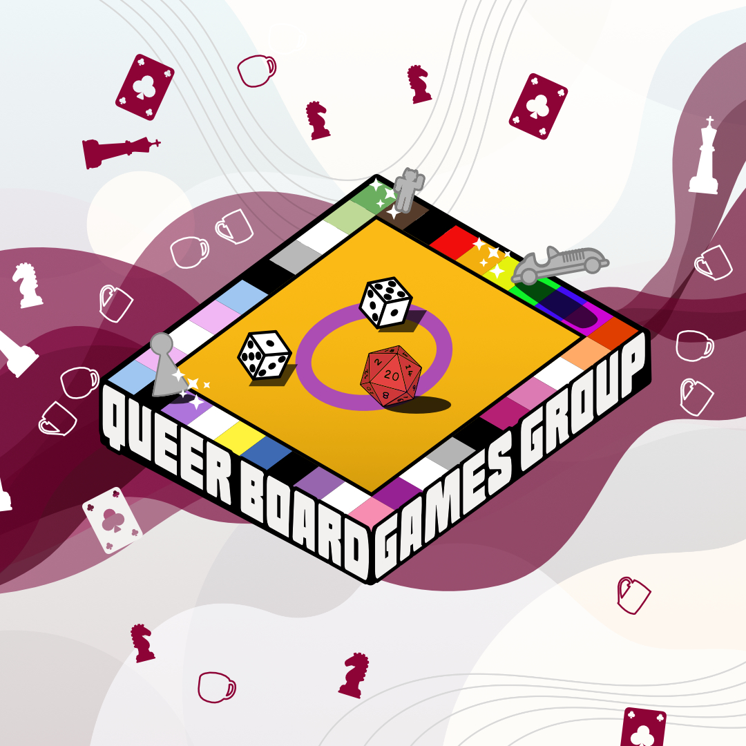 A board of games in colours of different LGBT identities flags with flying dice and pawns.