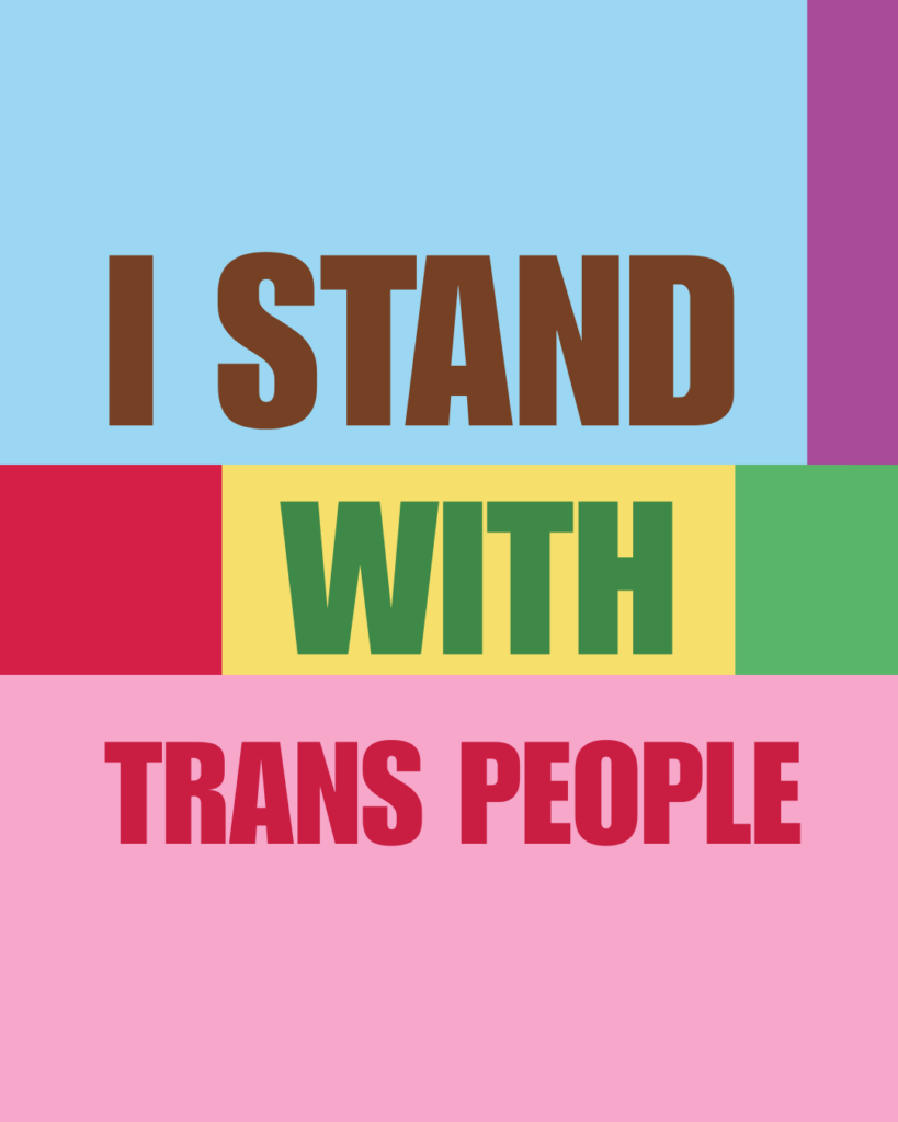 Colour blocks with bold text 'I stand with trans people'