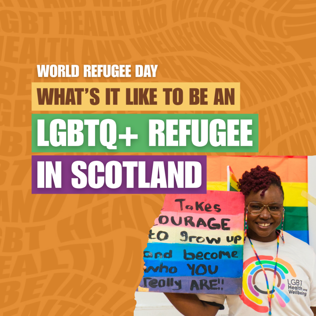 Photo of a LGBTQ+ New Scots holding placard with message "It takes courage to grow up and become who you really are".