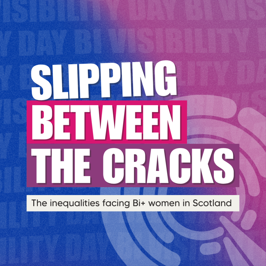 Graphic with a blue-to-pink gradient background featuring large bold text that reads “Slipping Between the Cracks” and smaller text underneath that says “The inequalities facing Bi+ women in Scotland.”