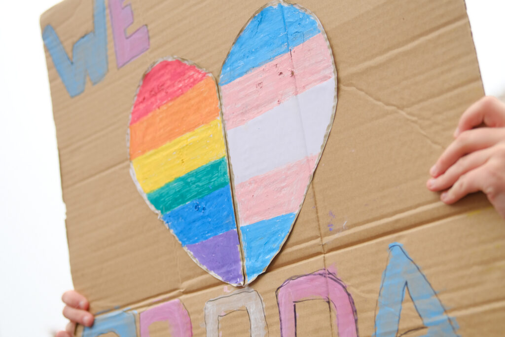 A heart with one half Pride flag and other half Trans flag