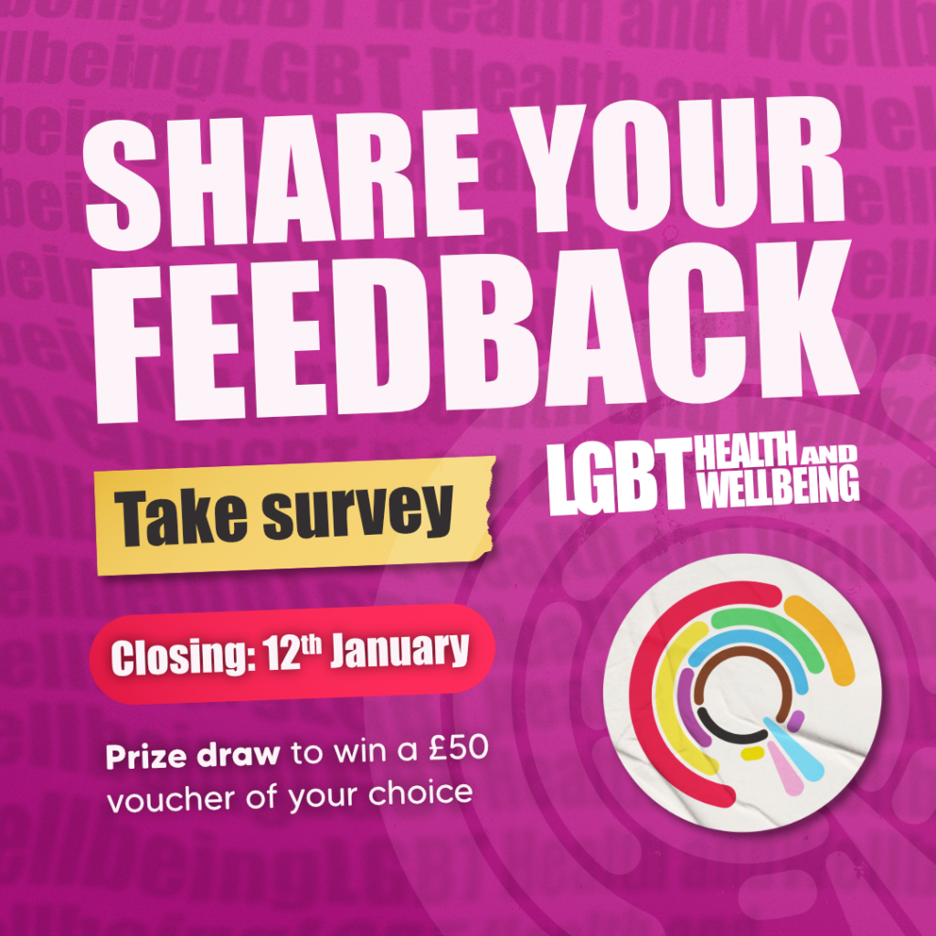 Pink banner with text: Share your feedback, take survey, closing 12th January, prize draw for £50 voucher.