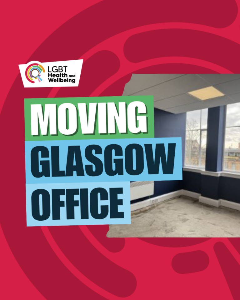 Graphic announcing ‘Moving Glasgow Office’ by LGBT Health and Wellbeing, with the organisation’s logo and a photo of an empty office room with blue walls and large windows, set against a red decorative background.