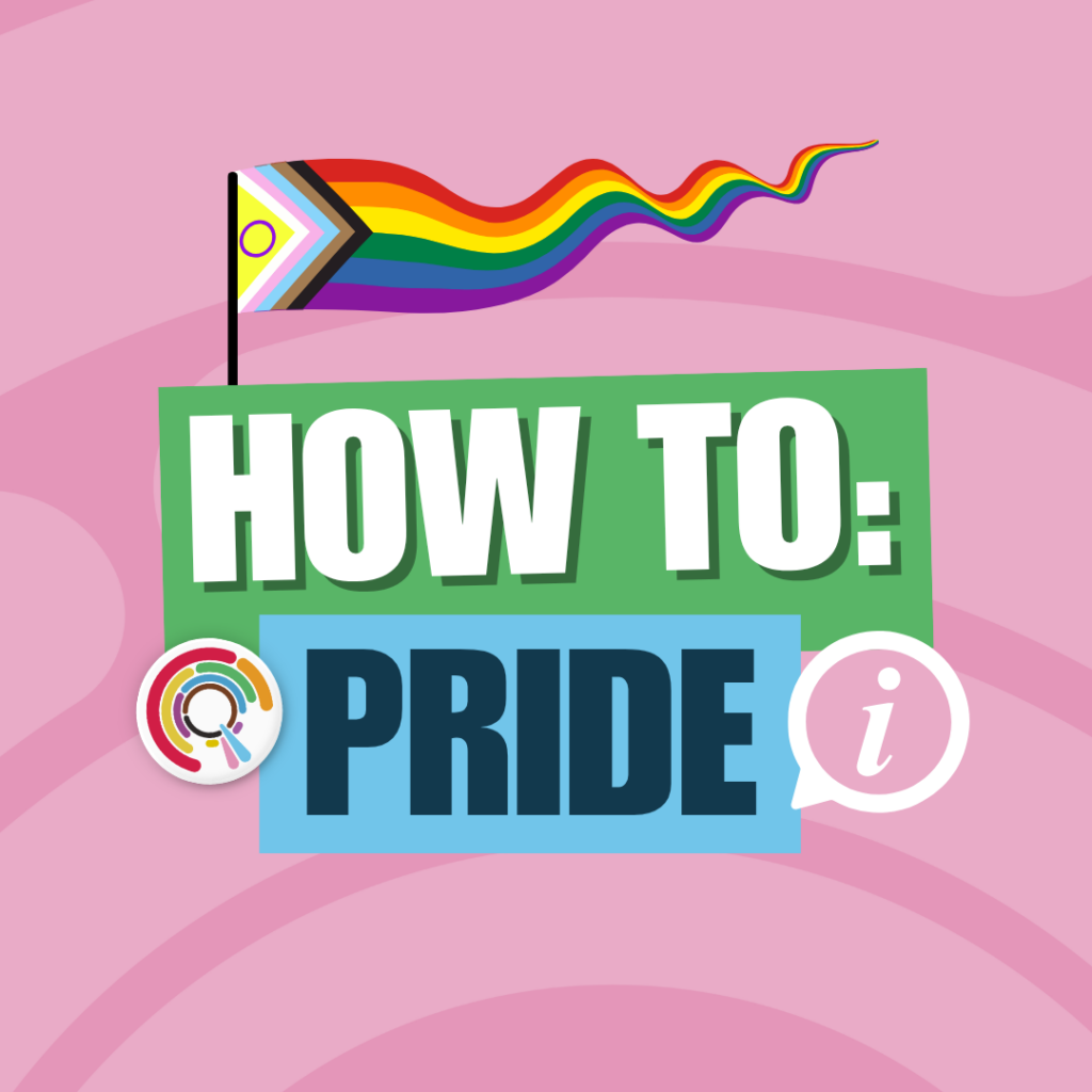 Illustration with the text ‘How to: Pride’, featuring a progress pride flag on a pink background, with information and community icons.