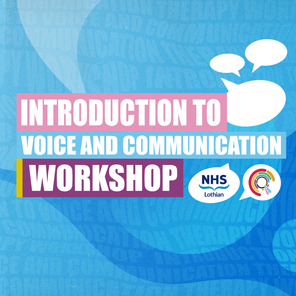Graphic with a blue abstract background and speech bubble icons. Large text reads “Introduction to Voice and Communication Workshop