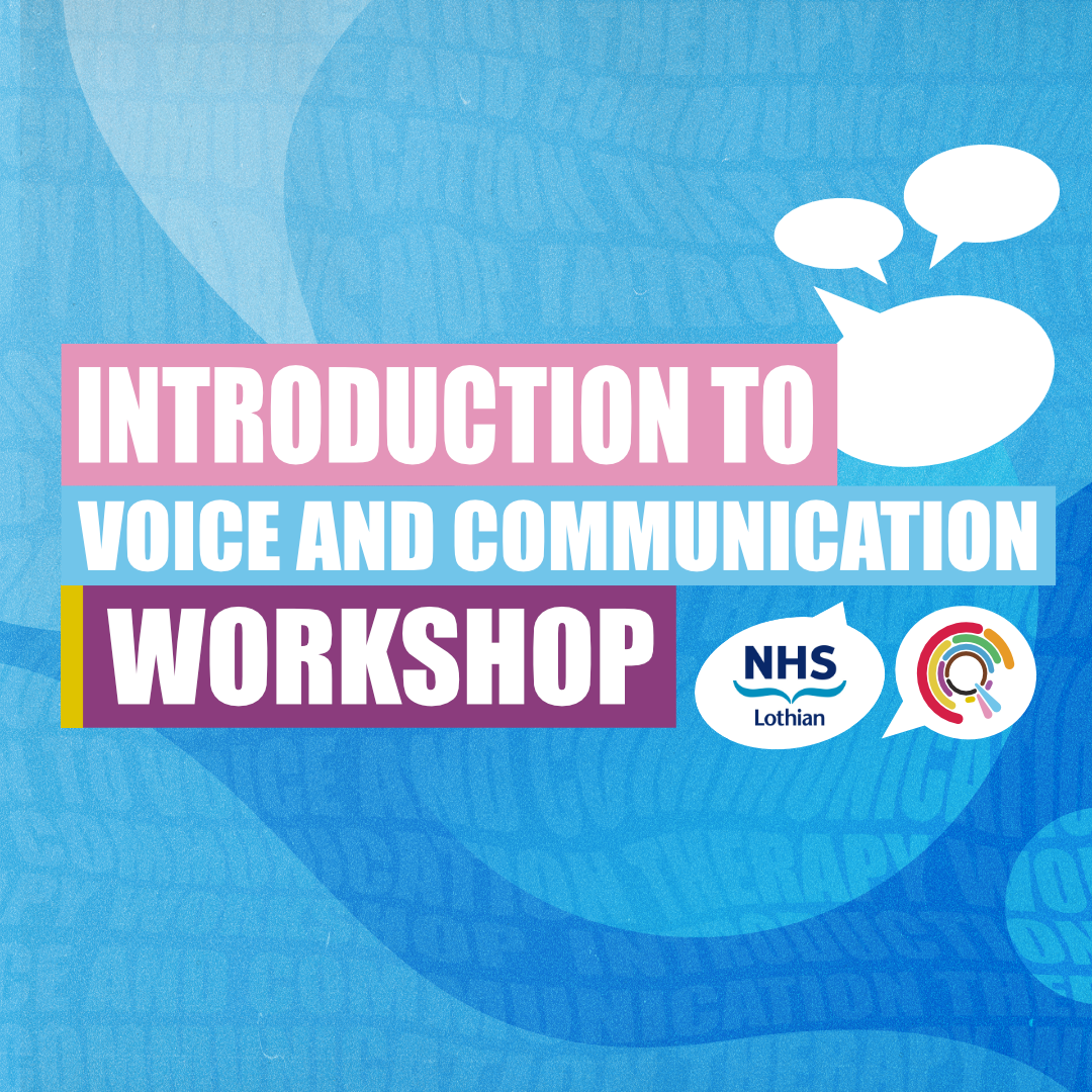 Graphic with a blue abstract background and speech bubble icons. Large text reads “Introduction to Voice and Communication Workshop